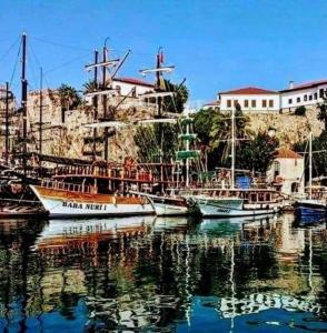 un groupe de bateaux est amarré dans un port dans l'établissement old town yat limanı deniz yakını muhteşem EV, à Antalya