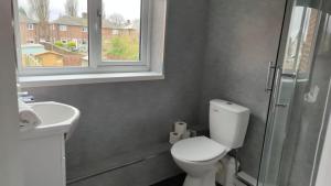 a bathroom with a toilet and a sink and a window at Alexander Apartments Hebburn in Hebburn-on-Tyne