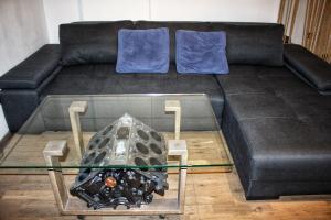 a black leather couch with a glass coffee table at Amazing Park Residences 5 in Bucharest
