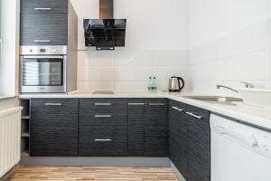 uma cozinha com armários pretos e um micro-ondas em Park Śląski Comfort Studio em Katowice