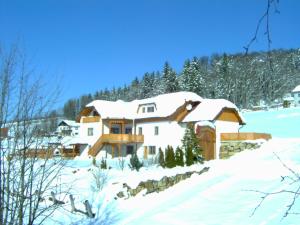 une maison recouverte de neige avec des arbres en arrière-plan dans l'établissement Ferienwohnung Weberschläger, à Ulrichsberg