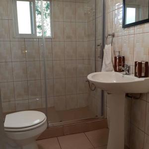 a bathroom with a shower and a toilet and a sink at Casa Ann in Osorno