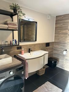 La salle de bains est pourvue d'un lavabo et d'un lave-linge. dans l'établissement Ferienwohnung Ambiente 1, à Naumburg