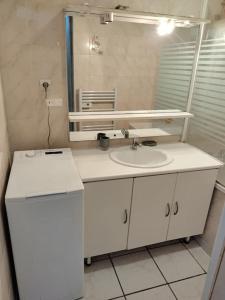 La salle de bains blanche est pourvue d'un lavabo et d'un miroir. dans l'établissement Spacieuse et confortable maison avec garage, à Anzin
