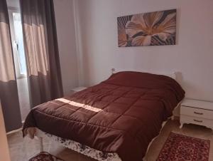 a bedroom with a bed with a brown blanket at Bel appartement proche de la mer Hammamet in Hammamet