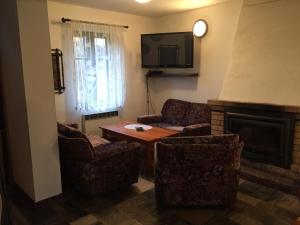 een woonkamer met een bank en een open haard bij chata Alice in Rokytnice nad Jizerou