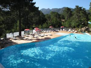 a large swimming pool with chairs and umbrellas in a resort at Camping Mulinacciu in Lecci