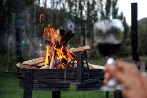 a fire pit with a person holding a glass of beer at Cabañas La Carmela Piedras B Potrerillos in Potrerillos