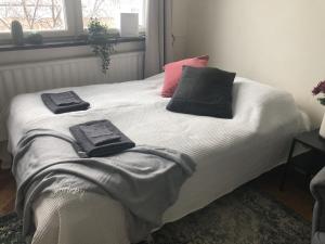 ein Bett mit zwei Kissen darauf in einem Schlafzimmer in der Unterkunft Cozy Ostermalm Studio in Stockholm