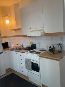 La cuisine est équipée de placards blancs, d'une cuisinière et d'un évier. dans l'établissement Cozy Ostermalm Studio, à Stockholm