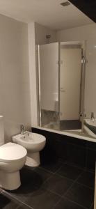 a bathroom with a toilet and a shower and a sink at Tranquilo y relajante Apartamento familiar in Esplugues de Llobregat