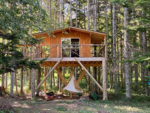 a tree house in the woods with a swing at Wakka BBB in Teshikaga