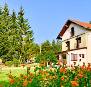 a house with a field of flowers in front of it at Visoravan 1200 in Kupres