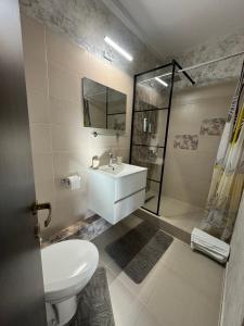 a bathroom with a toilet and a sink and a shower at Victor Residence 38 in Bucharest +58 photos