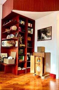 a living room with a book shelf and a tv at Luxury Loft in Milan