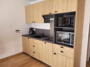 una cucina con forno a microonde e piano cottura di Studio cabine 4 couchages a Font-Romeu-Odeillo-Via