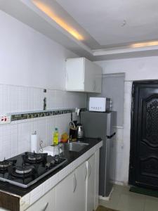 a kitchen with a stove and a sink and a refrigerator at GREEK VIEW APARTMENT VICTORIA ISLAND in Lagos