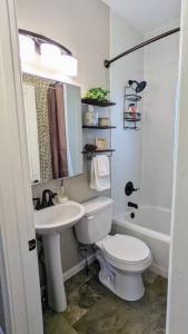 ein Badezimmer mit einem weißen WC und einem Waschbecken in der Unterkunft Modern Quiet 1BR Desk and Fenced Yard by DT Moline in Moline