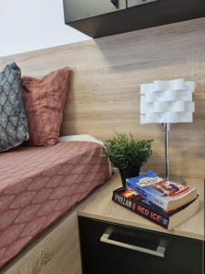 a bed and a table with a lamp and books at Studio Central Exer I in Bucharest