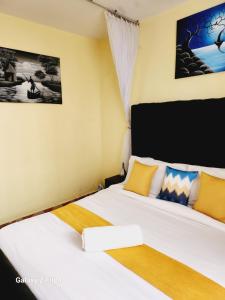 una camera con 2 letti con cuscini gialli e blu di Cosy 1 Bedroom TRM,Thika Rd a Nairobi