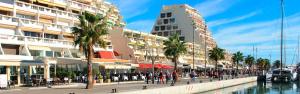 a street with palm trees and buildings next to a body of water at APPART'ICI 3 - Spacieux appartement F3 in Lunel-Viel