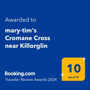 Majutusasutuses mary-tim's Cromane Cross near Killorglin olev sertifikaat, autasu, silt või muu dokument