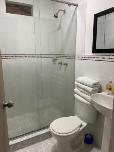 ein Bad mit einer Dusche, einem WC und einem Waschbecken in der Unterkunft apto caney 301 in Cali