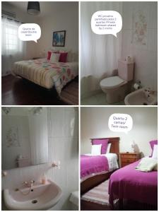 un collage de 4 fotos de un dormitorio con cama y baño en Casa do Trovador, en Serra