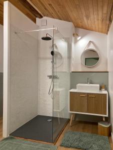 uma cabina de duche em vidro na casa de banho com um lavatório em La maisonnée Auvergnate em Auzelles