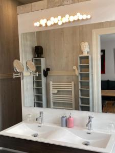 ein Badezimmer mit einem Waschbecken und einem großen Spiegel in der Unterkunft Château de Courmelois Champagne Guest House in Val de Vesle