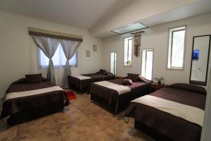 a room with three beds and a couch and windows at Juku Hostal in Calama