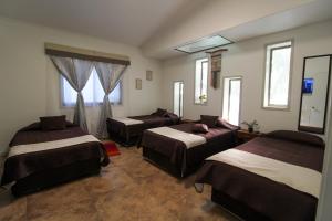 Pokój z 3 łóżkami, kanapą i oknami w obiekcie Juku Hostal w mieście Calama