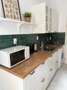 un bancone della cucina con forno a microonde e lavandino di Home in the centre of Budapest a Budapest