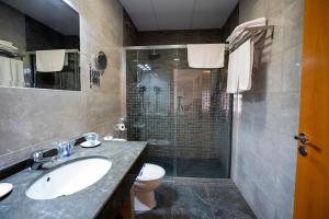 a bathroom with a shower and a sink and a toilet at HOTEL LOS BARRUECOS in Malpartida de Cáceres