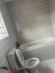 a bathroom with a toilet and a bath tub at Joydora apartments 3 in Lusaka