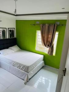 a green bedroom with two beds and a window at Joydora apartments 3 in Lusaka
