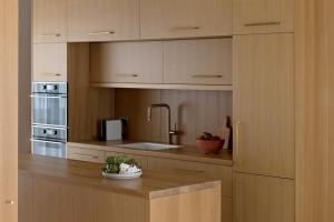 uma cozinha com armários de madeira, um lavatório e um balcão em Rothschild 69 em Tel Aviv