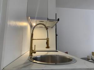 un fregadero en un mostrador con una luz encima en La parisienne, en Le Raincy