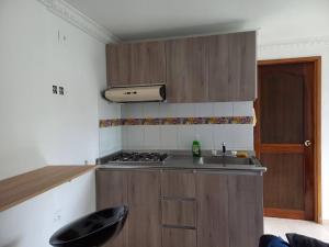 uma cozinha com um lavatório e um fogão em APARTAESTUDIO DETRAS DE UNICENTRO em Armênia