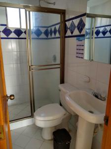 a bathroom with a toilet and a shower and a sink at El Peñón frente al mar in Gaira