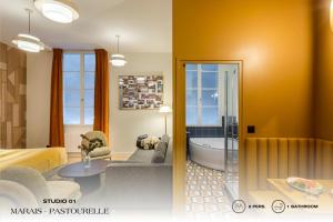 two pictures of a living room and a bathroom at Beauquartier - Marais, Pastourelle in Paris