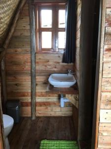 a bathroom with a sink and a toilet in a log cabin at Hyena Hill Lodge in Sanga