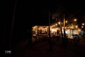 a house lit up at night with lights at Cotan Ecolodge in La Esperanza
