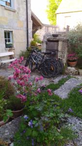 eine Gruppe von Fahrrädern, die neben einem Gebäude mit Blumen geparkt sind in der Unterkunft la Grange de Chérence in Chérence