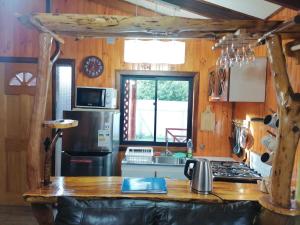 uma cozinha com paredes de madeira e um balcão de madeira em Cabañas Buen Recuerdo em Puyehue