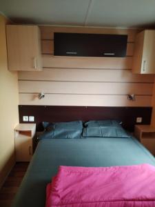 MOBIL HOME 43 dans Camping 4 Etoiles في Gastes: غرفة نوم بسرير كبير مع بطانية وردية