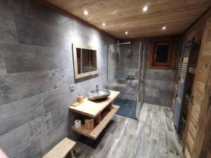 a bathroom with a sink and a shower at Chalet 10 pers sauna & SPA La tanière des Vosges in La Bresse