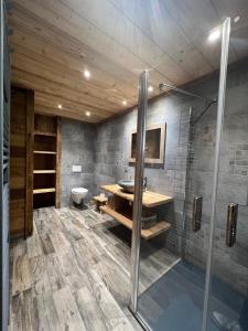 a bathroom with a shower and a sink and a toilet at Chalet 10 pers sauna & SPA La tanière des Vosges in La Bresse