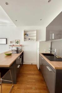 uma cozinha com um lavatório e uma bancada em 41m love nest for a pleasant stay in Lyon em Lyon