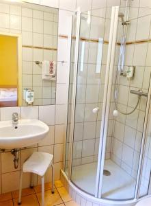 ein Bad mit einer Dusche und einem Waschbecken in der Unterkunft Dornröschen in Höchst im Odenwald